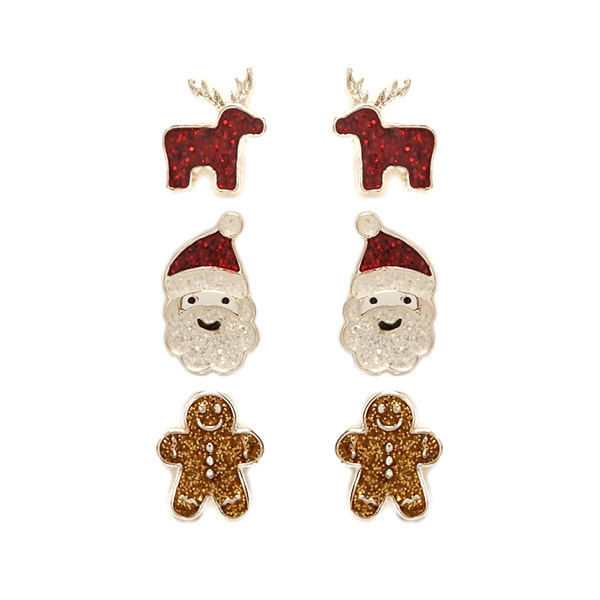 87064_Multi, santa claus & deer christmas theme stud earring set