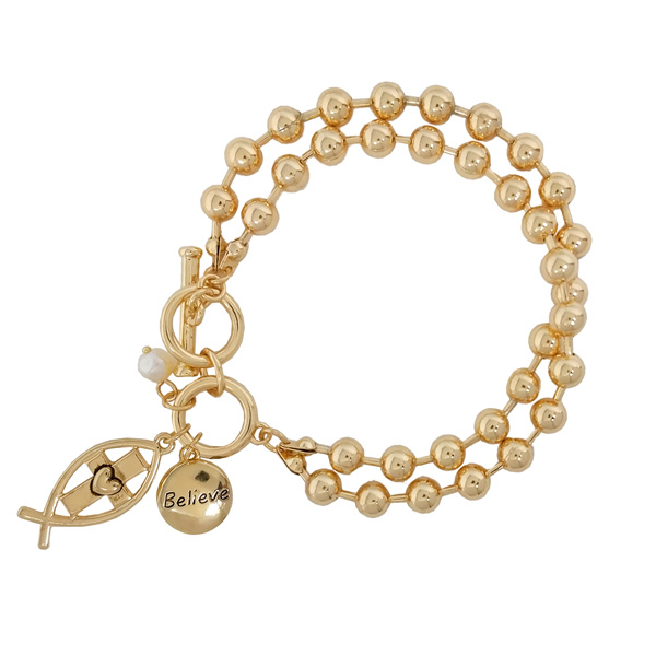 87460_Antique Gold, "believe" ichthus inspired ball chain toggle bracelet 