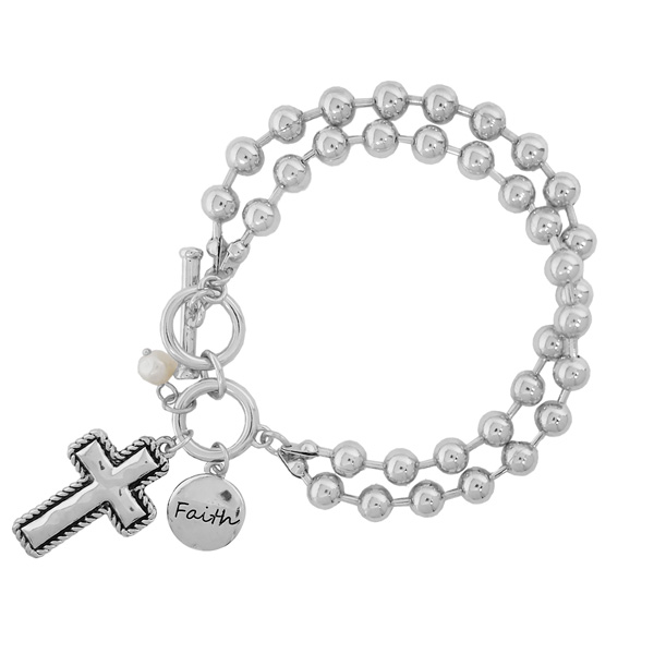 87461_Antique Silver, "faith" cross inspired ball chain toggle bracelet 