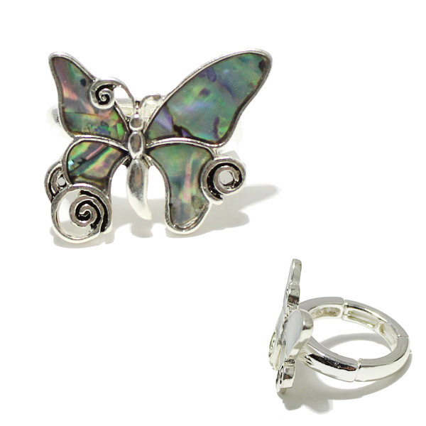 87945_Antique Silver, butterfly abalone stretch ring 