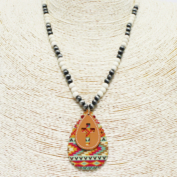 88096_Brown, western cross print wood n navajo bead necklace 
