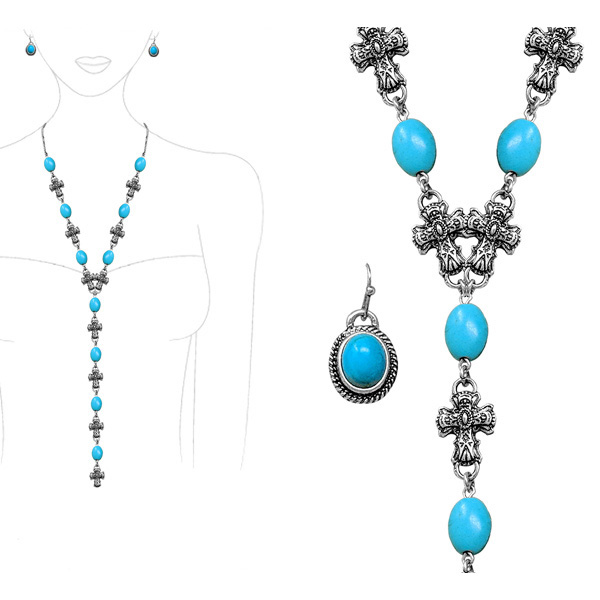 88203_Silver Burnished/Turquoise, western cross y-shape long drop necklace