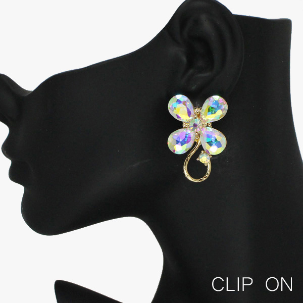 88324_Gold/AB, flower accent rhinestone clip on earring 