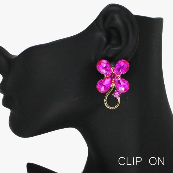 88324_Gold/Fuchsia, flower accent rhinestone clip on earring 