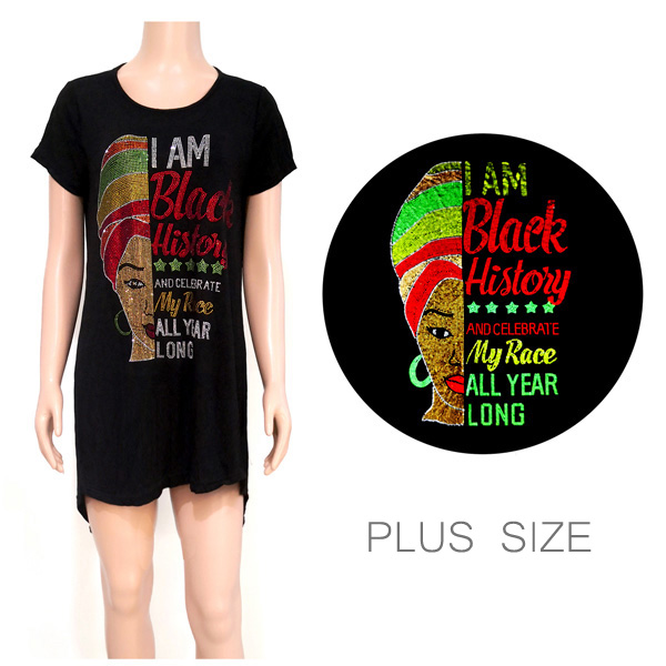 88492_Plus Size, "Black History" lady with turban head wrap crystal embellished  t-shirt top