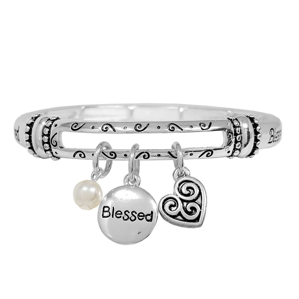 88603_Antique Silver, "blessed" charm words engraved stretch bracelet 