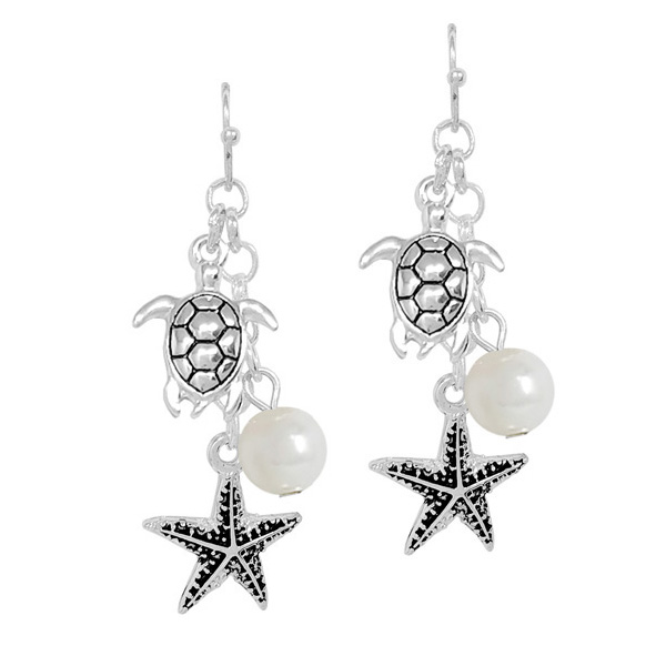 88620_Antique Silver/Pearl, sea life charm dangle earring/Ocean Theme