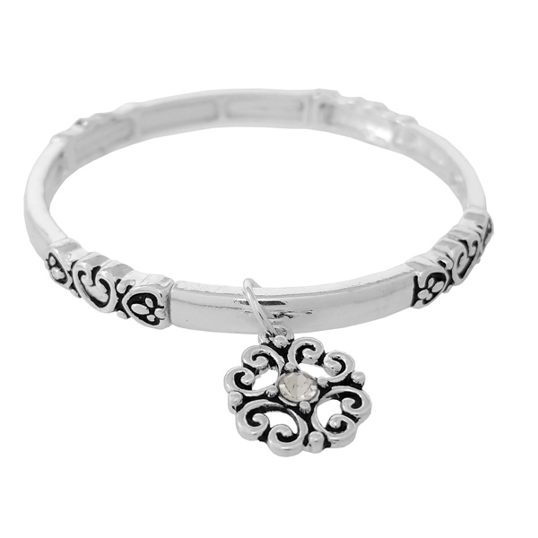 86115_Antique Silver, clover charm filigree stretch bracelet 
