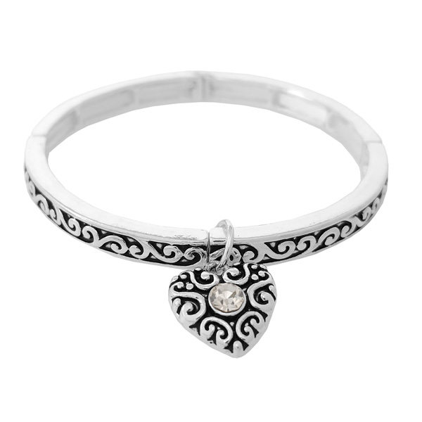 86115_Antique Silver, heart charm filigree stretch bracelet 