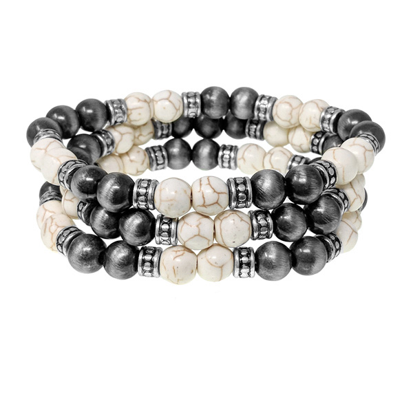 86116_Silver Burnished/White, natural stone bead stretch bracelet set 