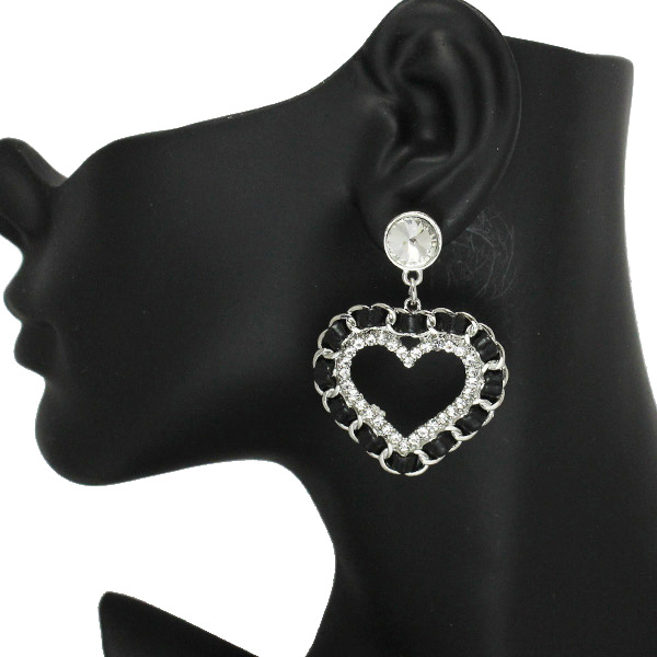 86189_Silver/Black, faux leather wrapped heart post earring