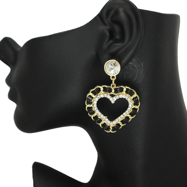 86189_Gold/Black, faux leather wrapped heart post earring