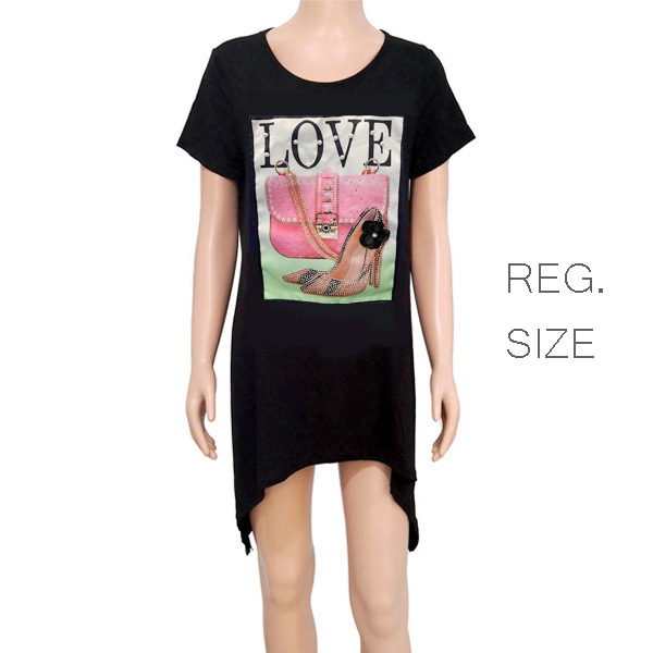 87034_REG. Size, "LOVE" handbag n heels crystal embellished t-shirt top
