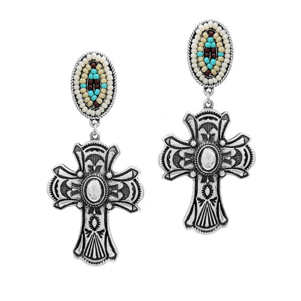 88666_Silver Burnished/Multi, western cross with oval accent earring 