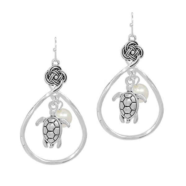 88709_Antique Silver/Pearl, sea turtle charm teardrop earring 