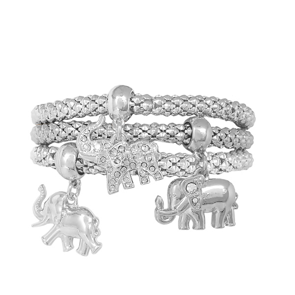 88752_Silver, elephant charm 3pc stretch bracelet set 