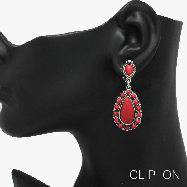 88991_Silver Burnished/Coral, western teardrop clip on earring 