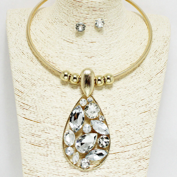 93607_Gold/Clear, teardrop multi shape rhinestone choker necklace 