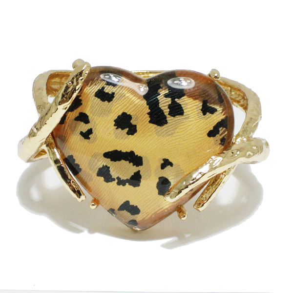 93621_Gold, leopard print acrylic heart bangle bracelet, valentine
