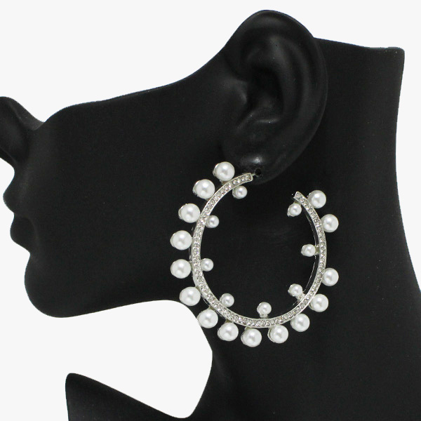 93628_Silver/White, pearl accent rhinestone hoop earring 