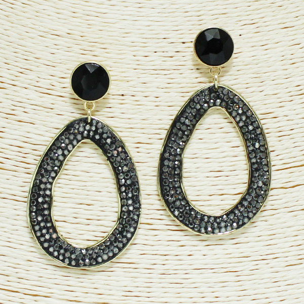 93629_Gold/Hematite, oval shape pave rhinestone dangle earring 