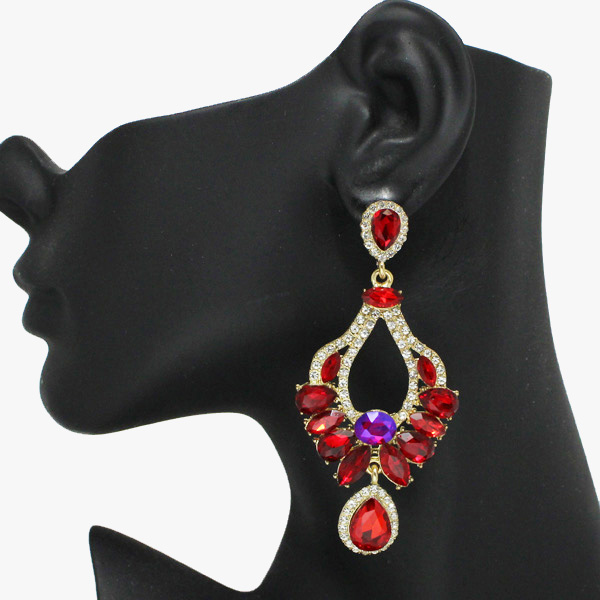 93648_Gold/Red, multi shape rhinestone dangle earring, wedding, bridal, prom 