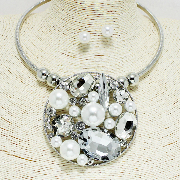93557_Silver/Clear, multi rhinestone with pearl round choker necklace 