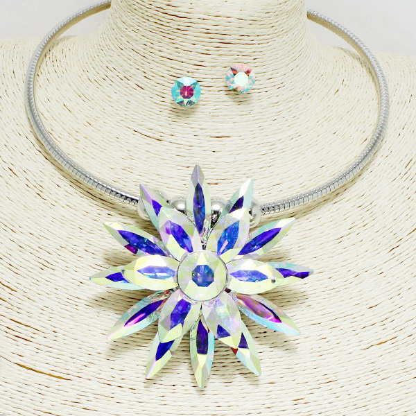 93625_Silver/AB, flower rhinestone choker necklace 