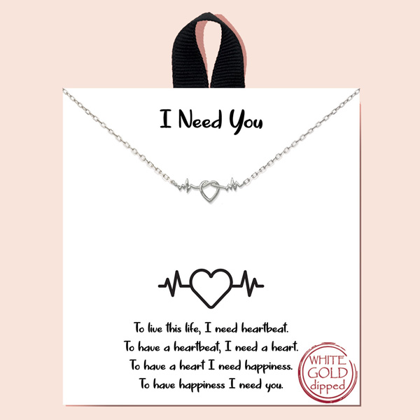 94111_Silver, Rhodium dipped, "I Need You" dainty heartbeat pendant necklace, valentine