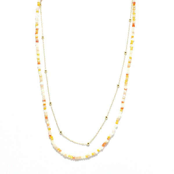 94226_Gold/Orange, dainty beaded double layered necklace 