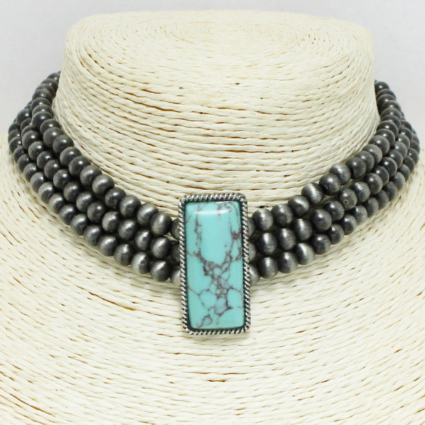 94390_Silver Burnished/Turquoise, western rectangle turquoise stone with navajo bead choker necklace 