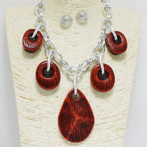 94460_Silver/Red, geometric antique acrylic charm necklace 