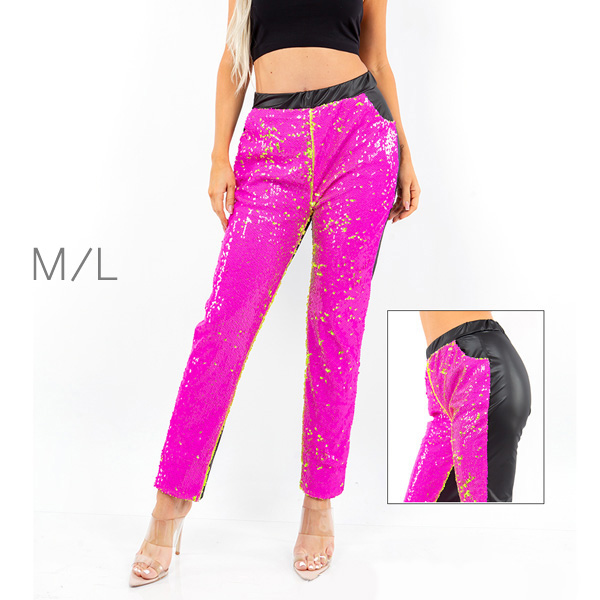 94514_Pink Green, M/L, Sequin with PU Leather Leggings Pants