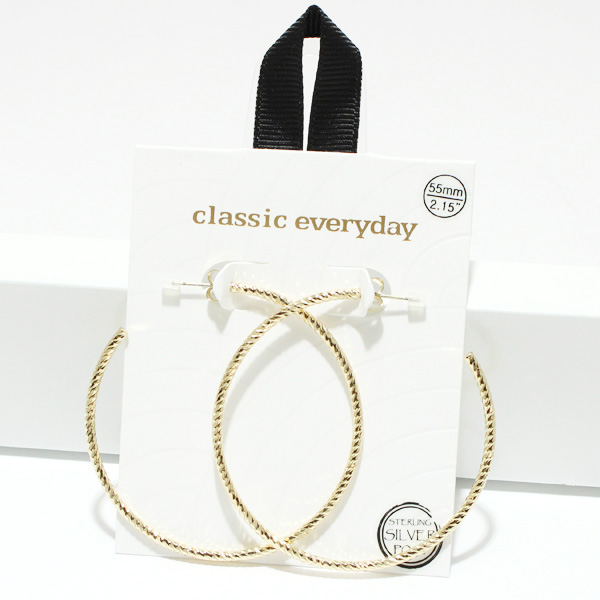 94740_Gold, 55mm textured round hoop hypoallergenic earring/sterling silver post 