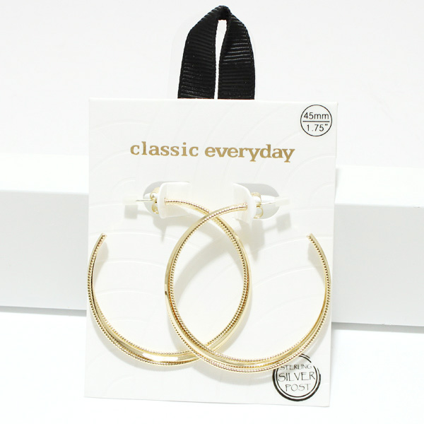 94741_Gold, 45mm textured edge accent round hoop hypoallergenic earring/sterling silver post 