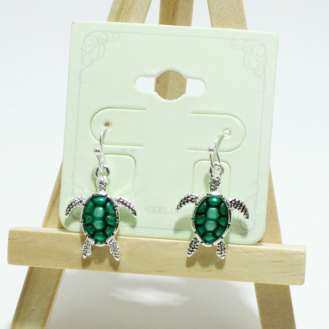 94951_Silver/Green, epoxy sea turtle dangle earring 