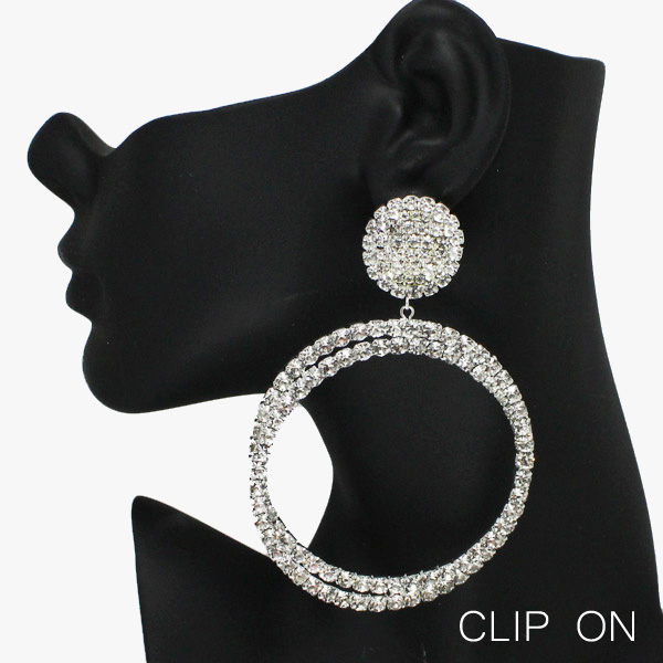89450_Silver/Clear, oversized double round rhinestone clip on earring 