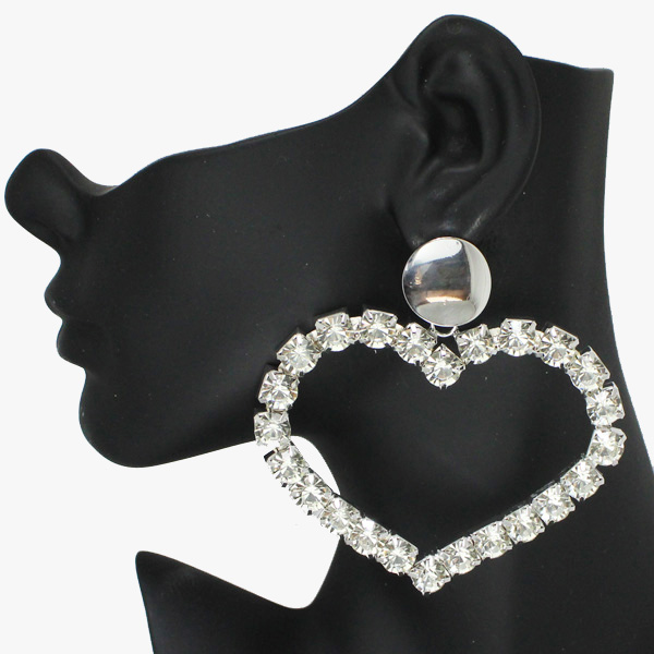 89473_Silver/Clear, oversized heart rhinestone earring 