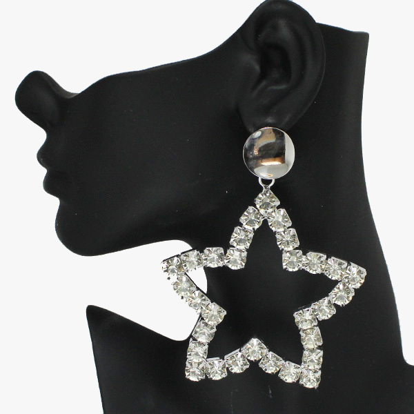 89474_Silver/Clear, oversized star rhinestone earring 