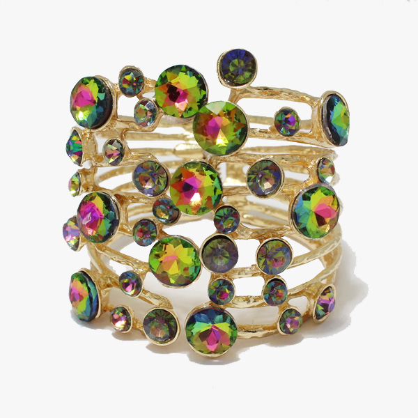 89481_Gold/Green Multi, bubble rhinestone cuff bracelet 