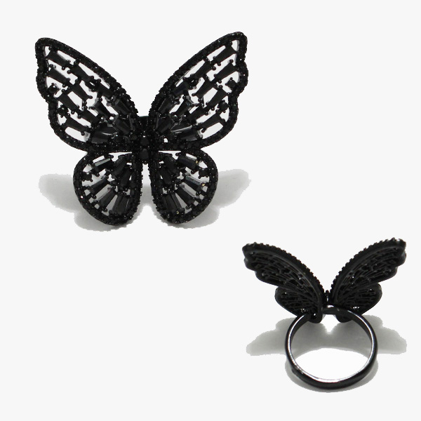 89644_Black, butterfly cubic zirconia one size adjustable ring 