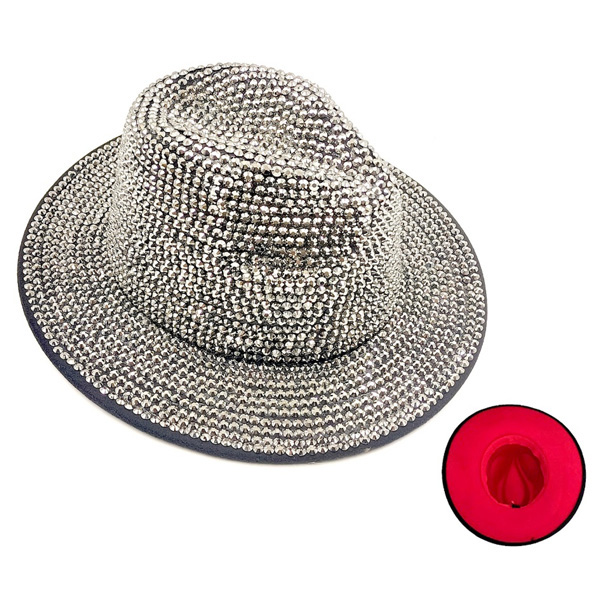 89662_Silver, bling rhinestone studded fedora hat / red bottom 