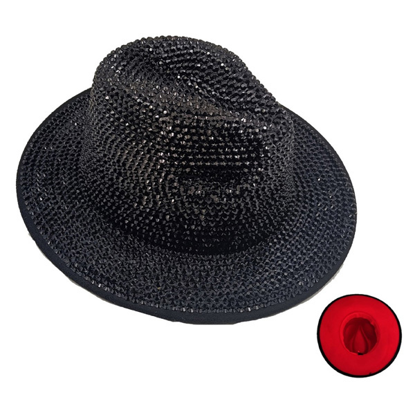 89662_Black, bling rhinestone studded fedora hat / red bottom 