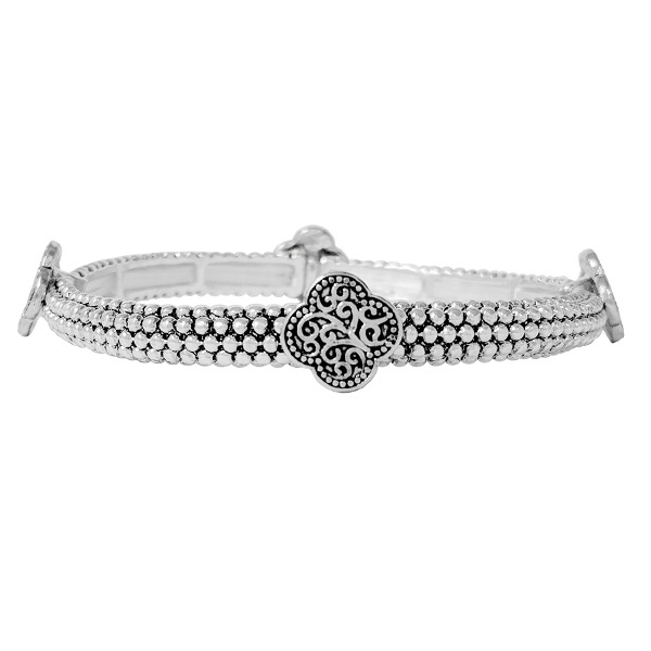 89813_Antique Silver, tailored clover metal stretch bracelet 
