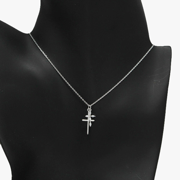 89865_Silver/Clear, dainty double cross pendant necklace 