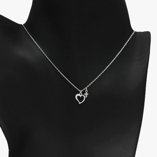 89872_Silver/Clear, dainty half pave heart & cross pendant necklace 