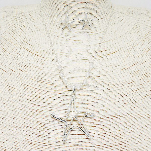 89918_Silver/AB, starfish with crystal beads pendant necklace 