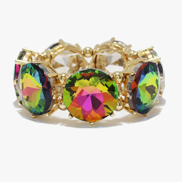 89930_Gold/Green Multi, chunky round rhinestone stretch bracelet 