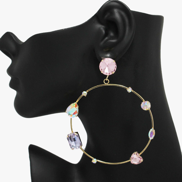 89996_Gold/Pink Multi, multi rhinestone accent round earring 