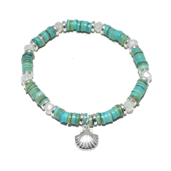90166_Turquoise, seashell charm mixed beaded stretch bracelet 